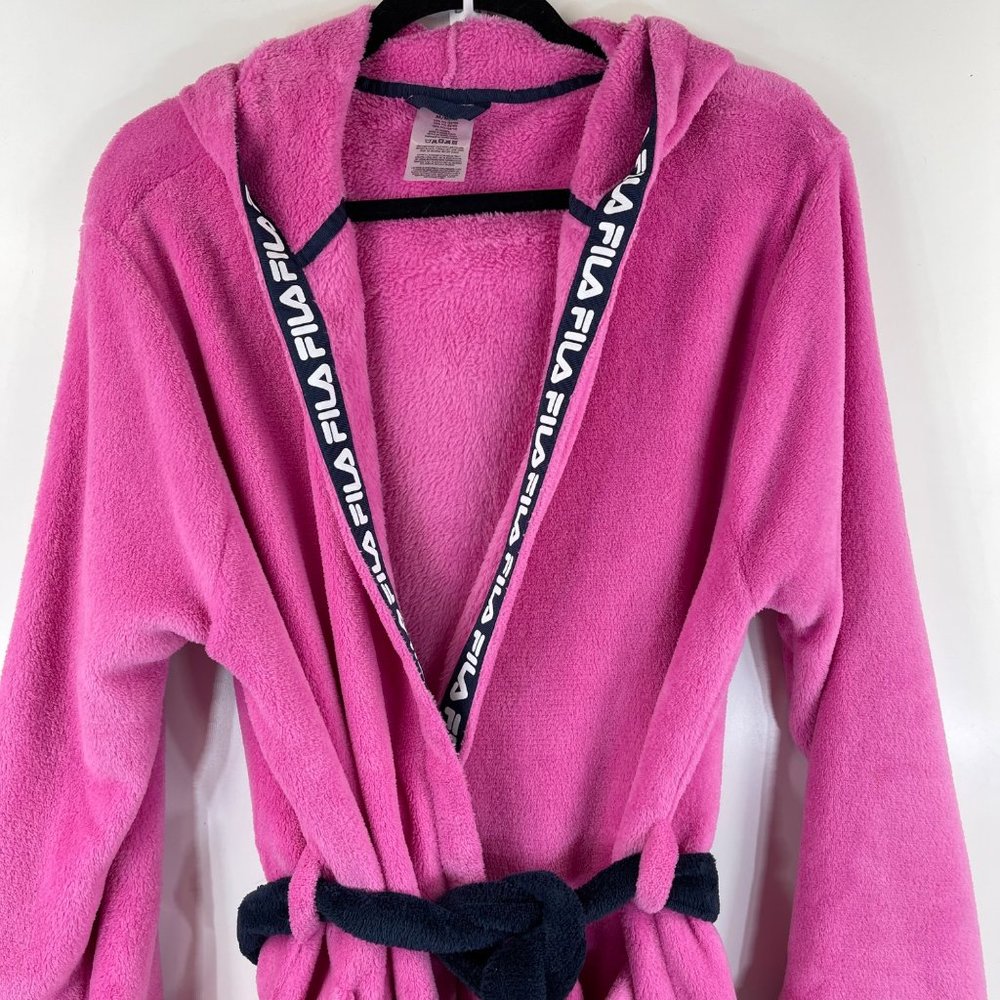FILA Pink/Black Fleece Hooded Robe Logo Spell Out Trim Size Medium - Picture 2 of 11